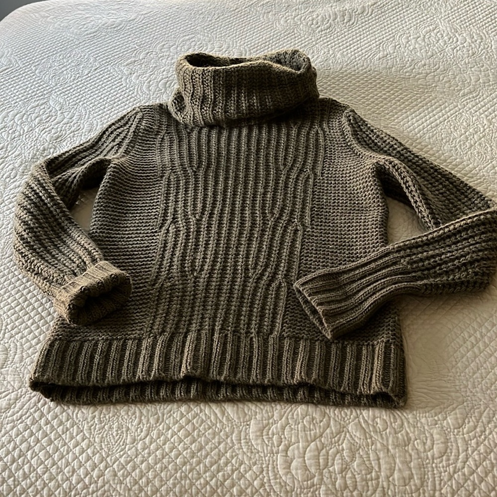 Chunky knit sweater, muted olive color.